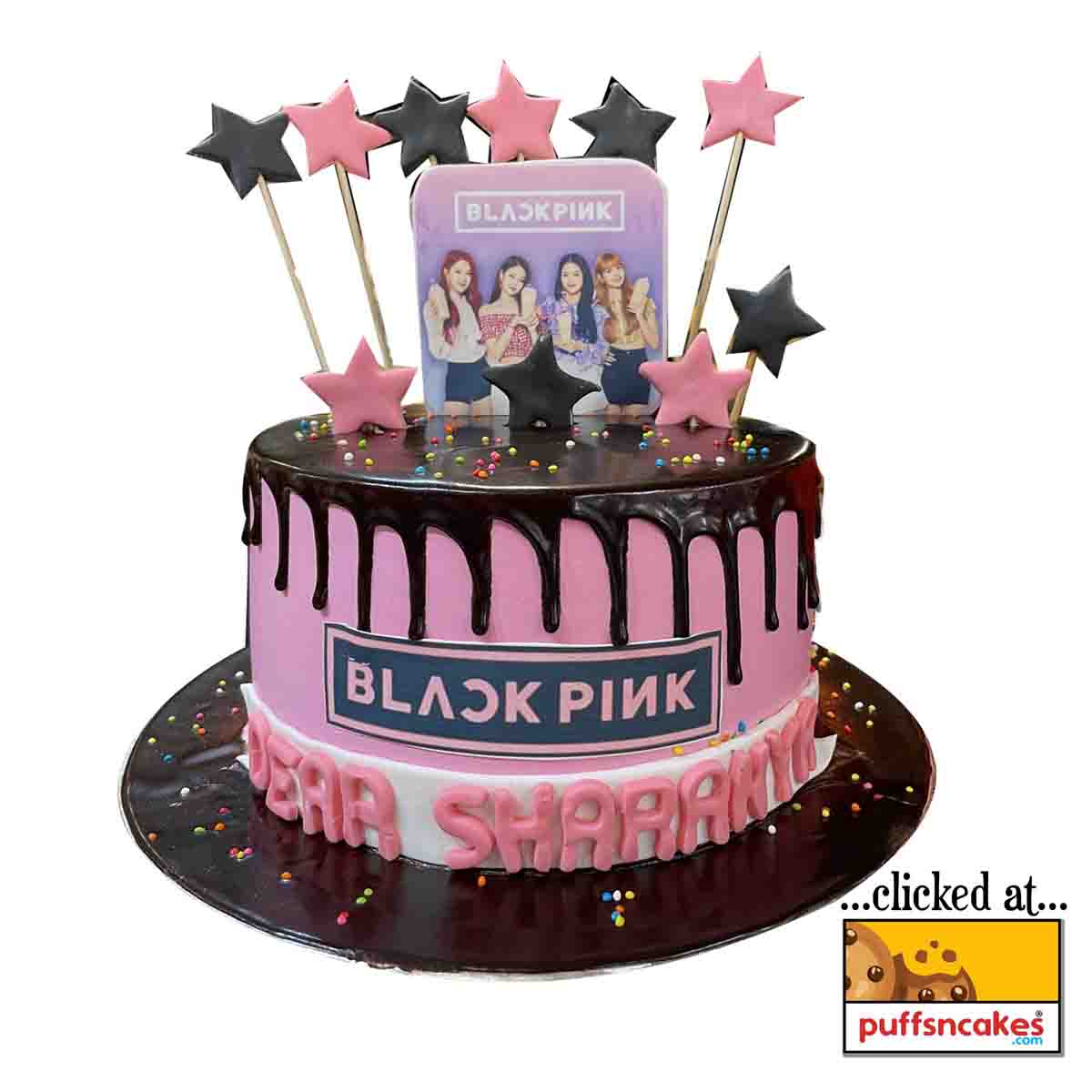 (908) Black Pink Band Theme Cream Cake